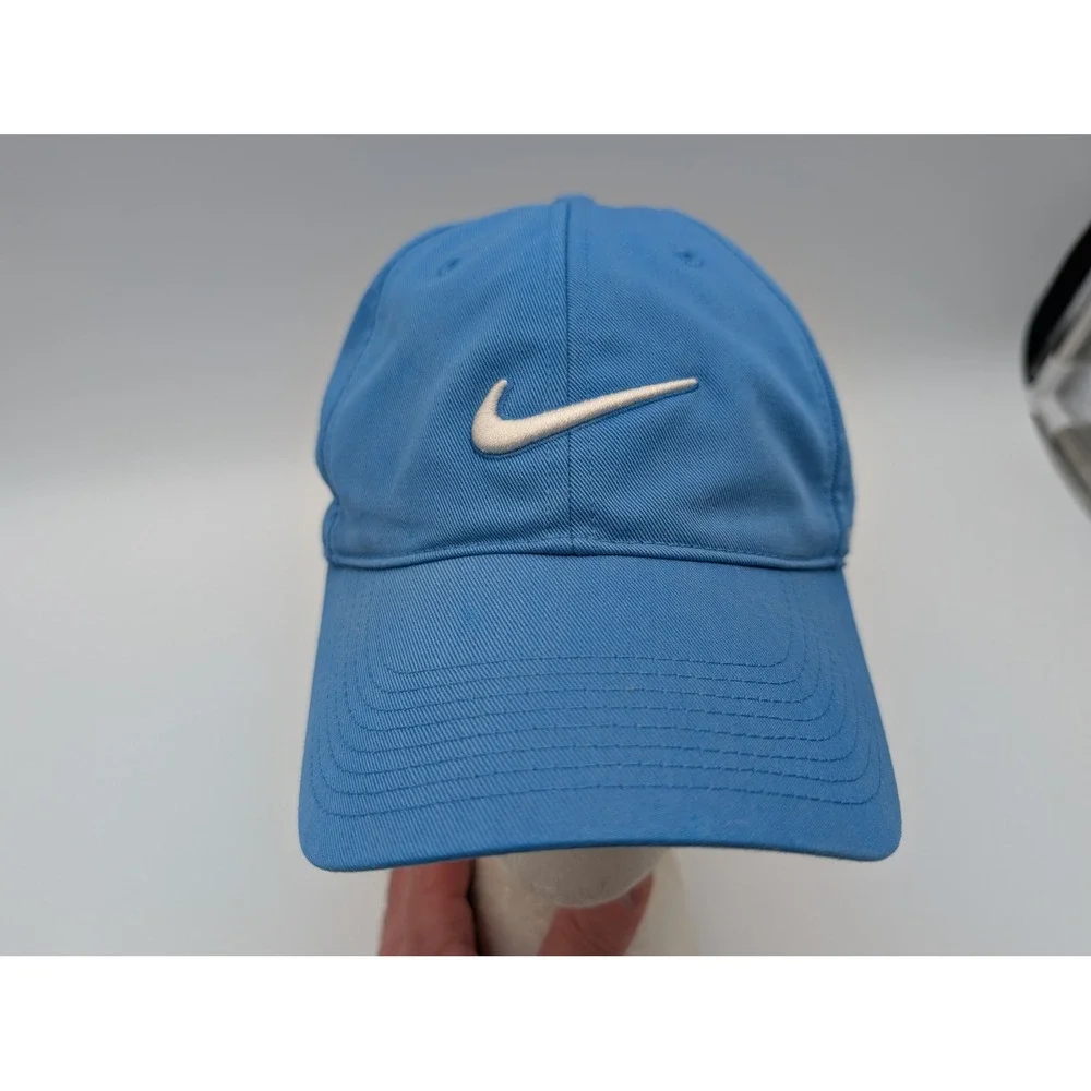 Nike FIT Blue Adjustable Baseball Hat Swoosh Logo Hook Loop Strap Mens Hat
